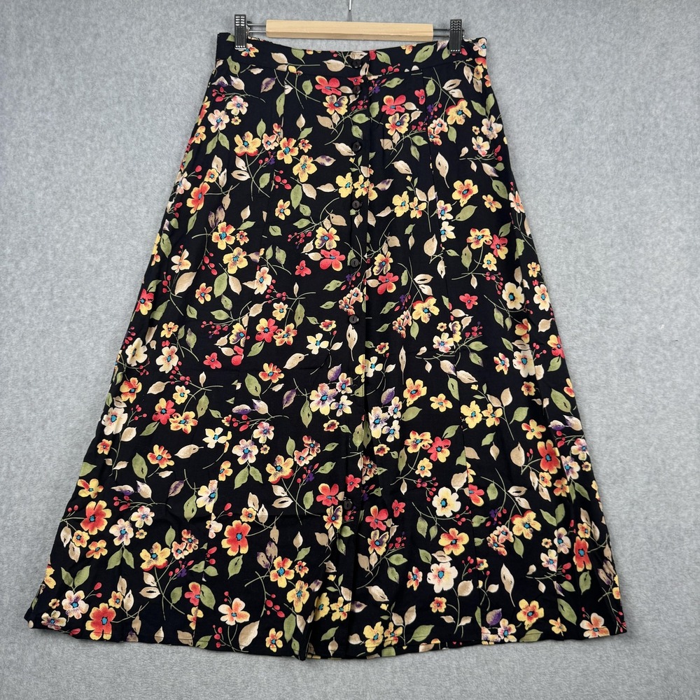 Sag Harbor Skirt Womens Medium Black Floral‎ Button Front Midi Rayon Vintage